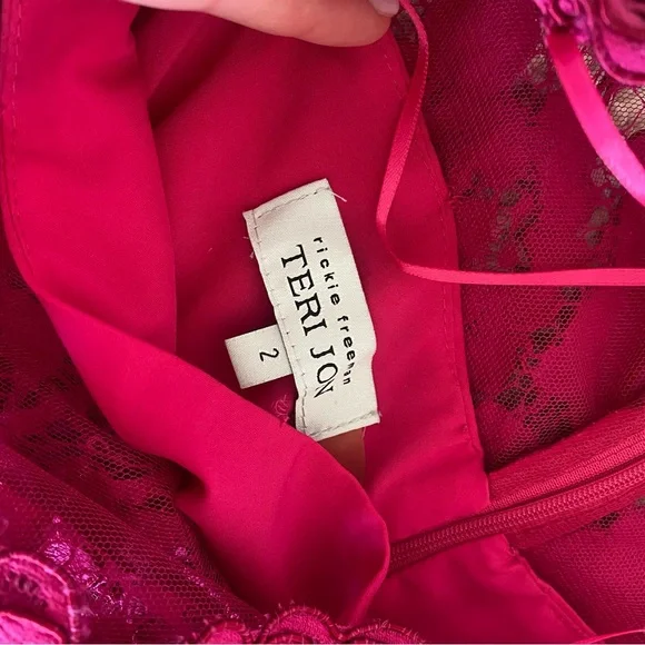 Rickie Freeman for Teri jon Fuchsia lace tulle Midi Dress size 2 - Picture 9 of 10